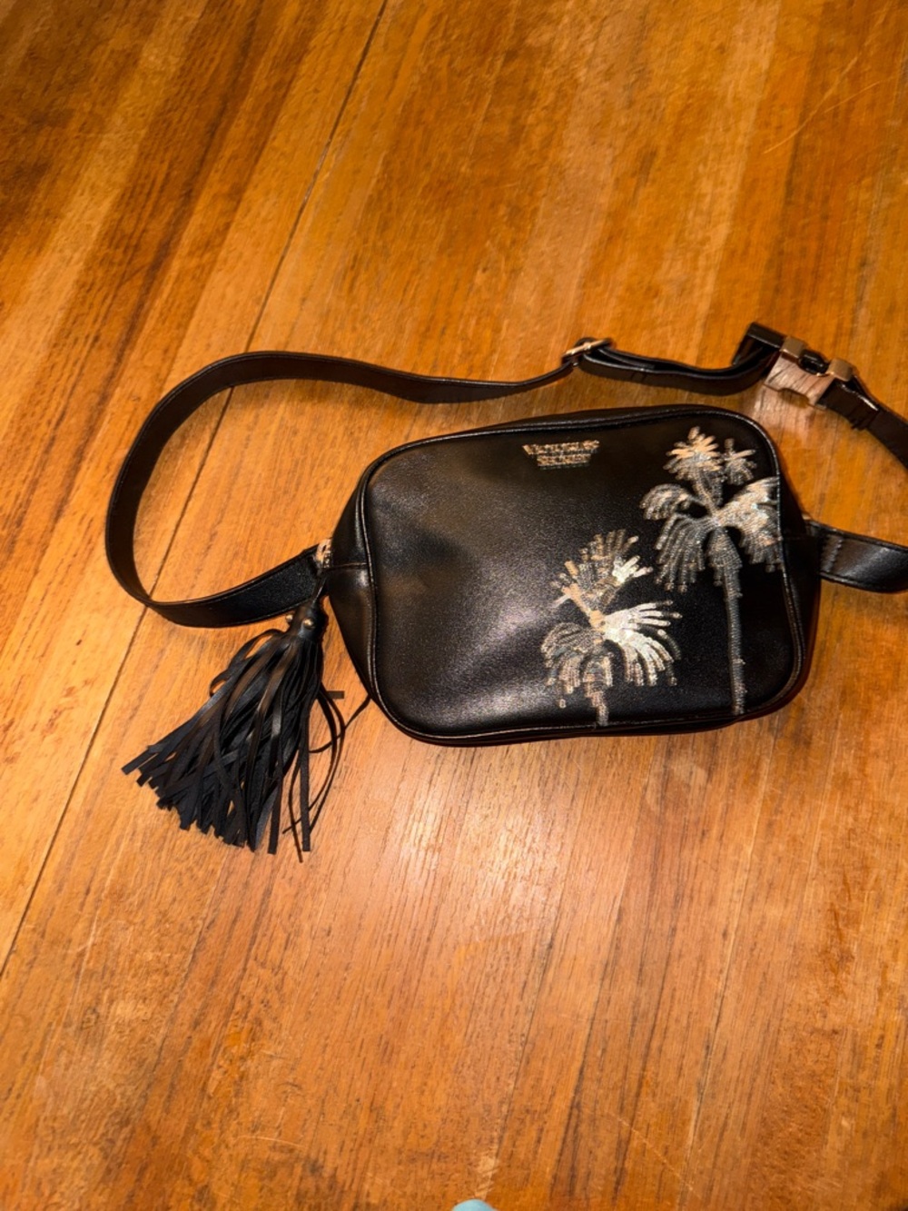 Victoria's Secret Black Crossbody Belt Bag with Metallic Palm Embroidery